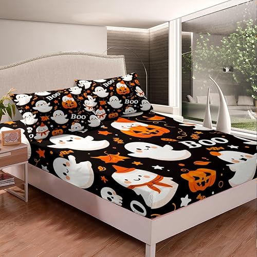Vista 24 de Juego de sábanas bajeras con bonito diseño de gato negro para niños y niñas, diseño de dibujos animados de Halloween, gato, animales, sábanas
