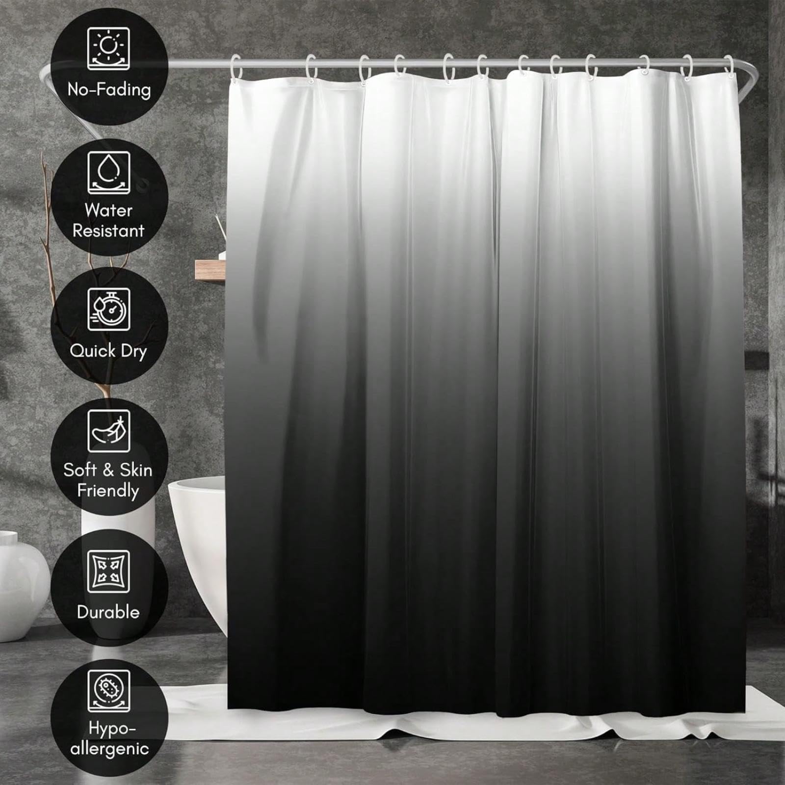 Rideau de Douche Noir ombré, Rideau de Douche en Tissu pour Salle de Bain, avec œillets métalliques et Crochets en Plastique, 220 x 200 cm (87 x 79 Pouces)