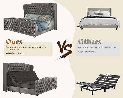 Miniatura 3 de AMERLIFE Base de cama ajustable tamaño Queen de 51" de altura con cabecera tapizada en terciopelo y acolchado con botones capitoné profundos, cama