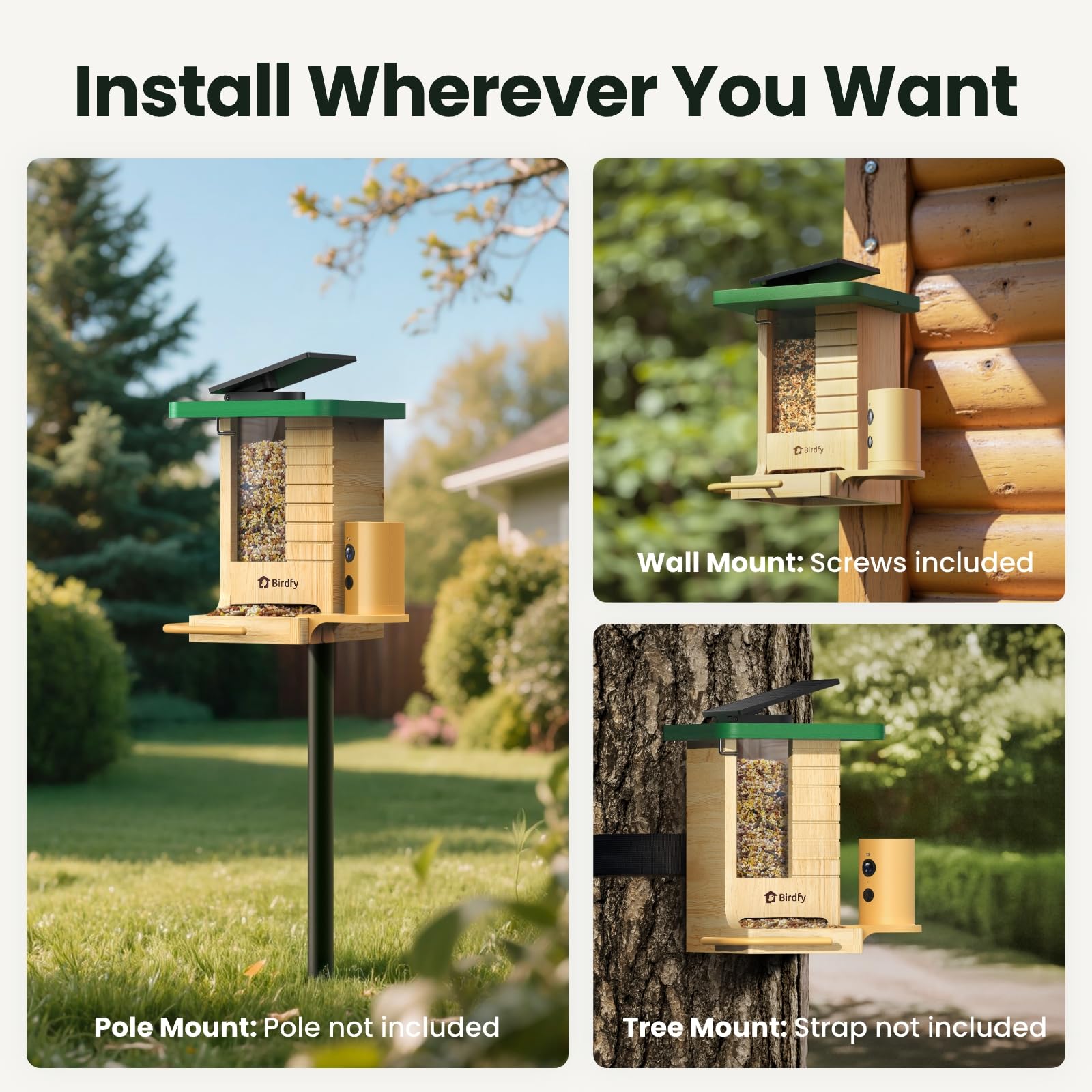 Smartes Vogelfutterhaus mit Kamera, Birdfy VogelFutterspender aus Holz, solarbetrieben, KI-Erkennung für 6000+ Vogelarten, 1080P Hochformat, wetterfest, App Live-Ansicht, YouTube&Facebook Streaming