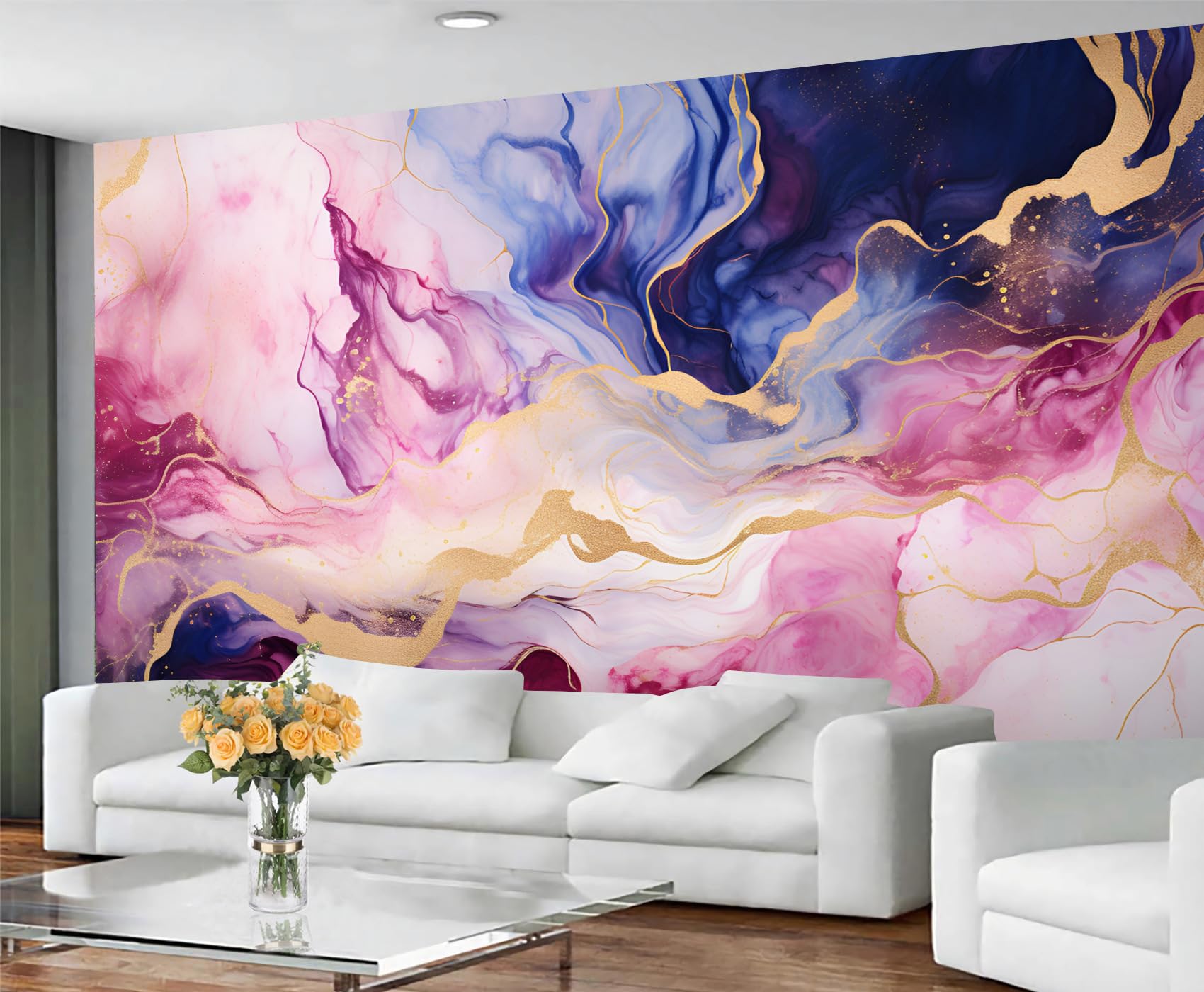 YXQAIED Marble Wallpaper, Colorful Marble Bedroom Wallpaper, Abstract Multicolor Wall Paper for Living Room, Not Self Adhesive Blue Purple Gold Photo 3D Wall Murals & Room Decor, 390x260cm