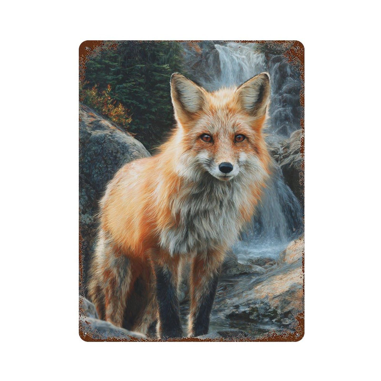 Rust Effect Fox Art Print - Wildlife Decor Aged Metal Wall Plaque 15.7"x11.8", Classic Wall Plaque for Basement, Hobby Room And Garage Decor