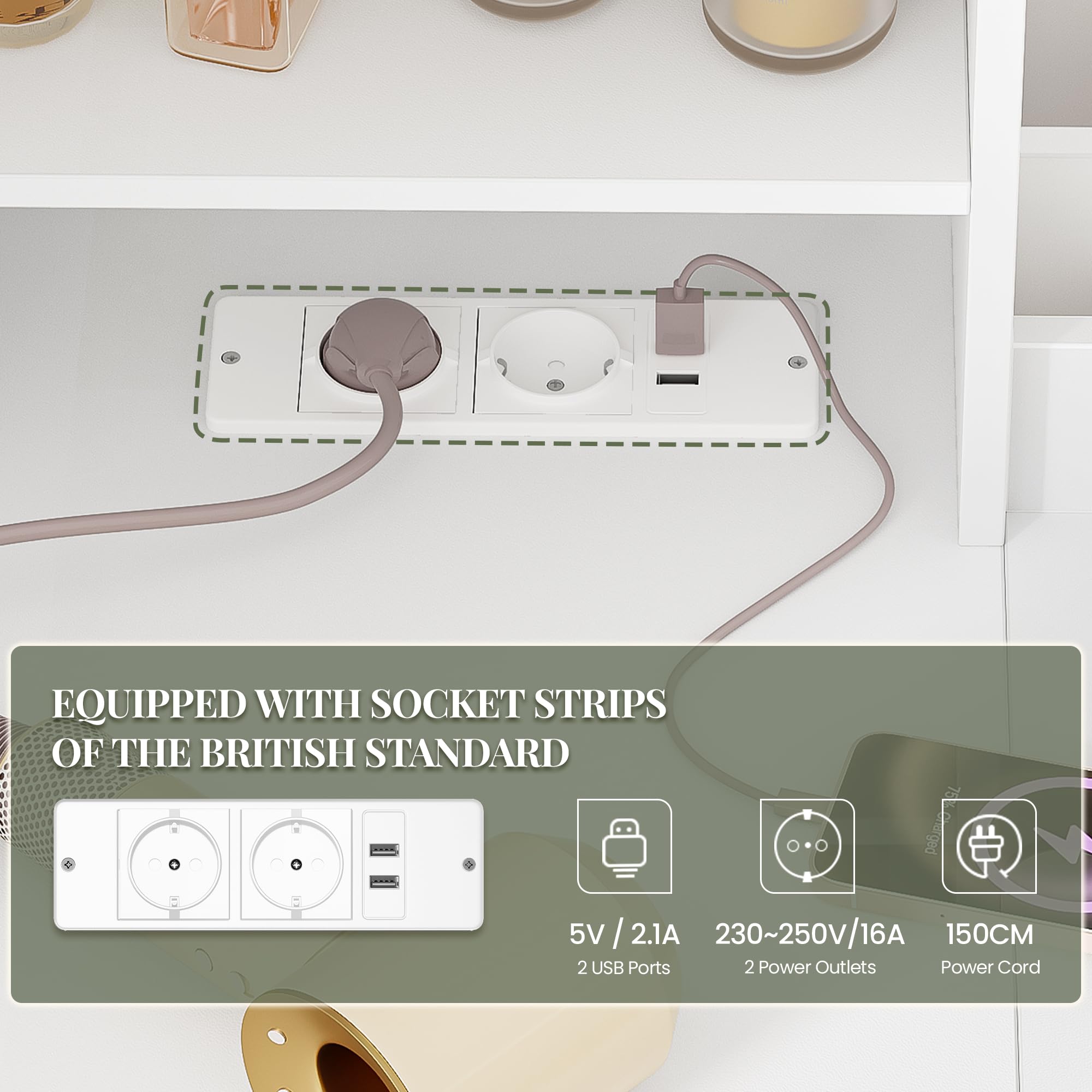 HEXCELEN Tocador de Maquillaje con Espejo LED, Brillo Ajustable, Mesa de Maquillaje con Toma de Corriente, Tocador con Taburete, 5 Cajones, Estantes de Almacenamiento, 40 × 120 × 139 cm, Blanco