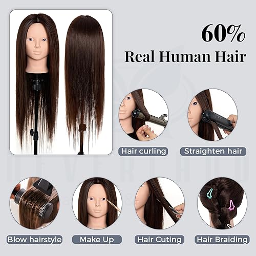 Miniatura 4 de Cabeza de maniquí 80% cabello humano - 71 cm Maniquí de práctica para maquillaje y cosmetología con cabello, cabeza para trenzado y peluquería para