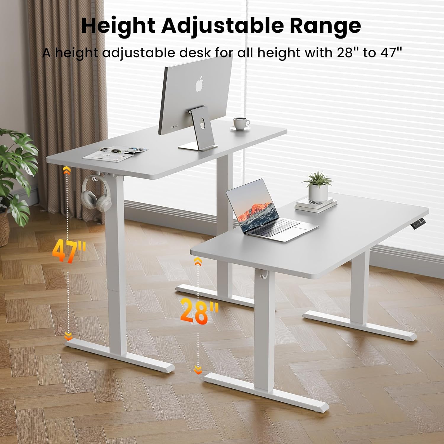 48x24 Inches Height Adjustable Electric Standing Desk with 2 Hooks for Home Office, Ergonomic Sit Stand up Desk with Splice Board, White