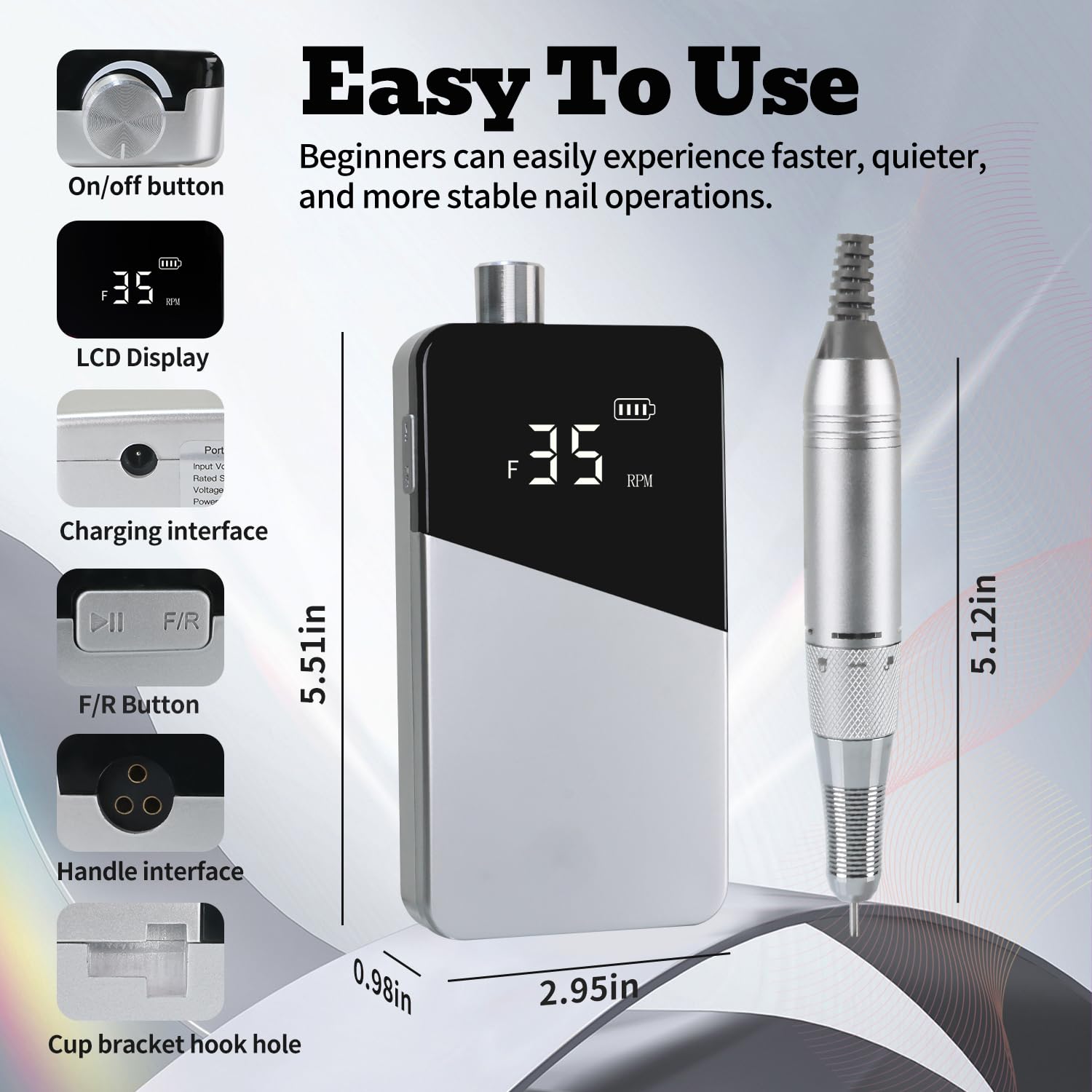 Electric Nail Drill Machine 35000RPM Professional Portable Nail File Cordless Rechargeable Nail Efile for Acrylic Gel Nails Manicure Pedicure Polishing Shape Tools for Salon (Silver)