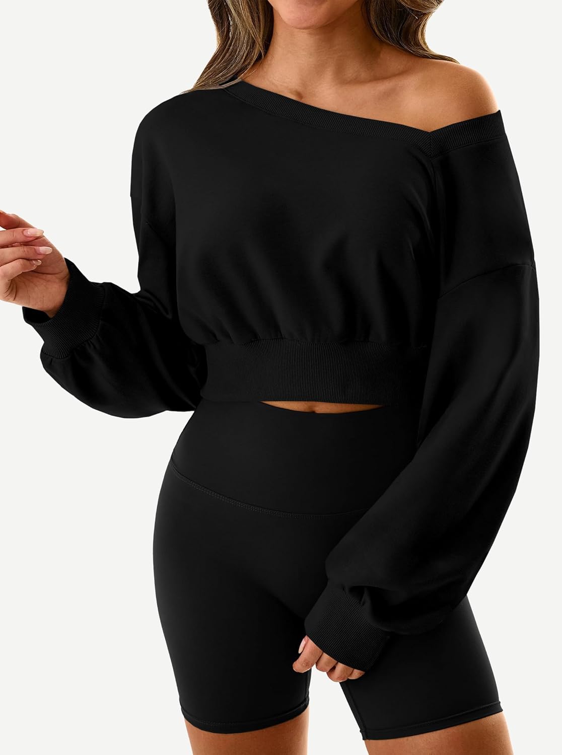 Hilinker Womens Cropped Off the Shoulder Sweatshirt Pullover Long Sleeve Crop Tops - Image 3