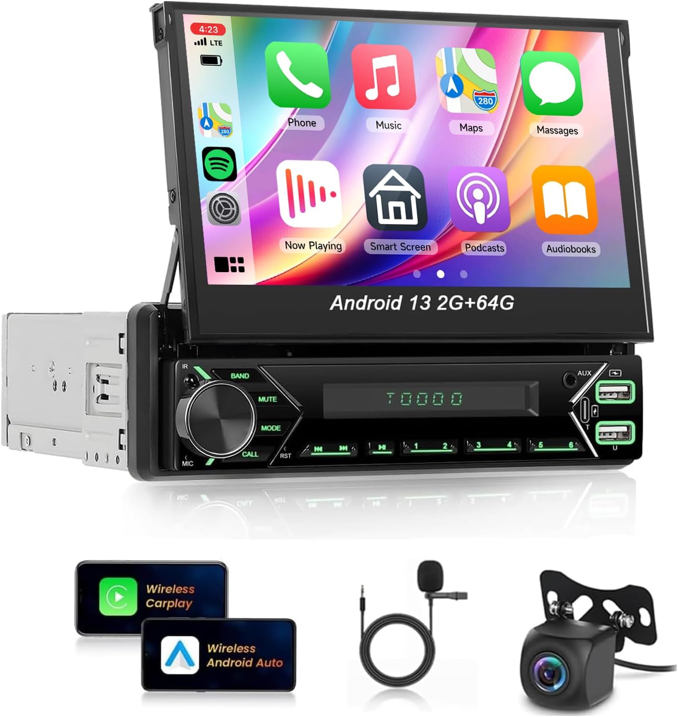 Android 13 2G 64G Single Din Car Stereo with Wireless Carplay Android Auto (Manual) 7 Inch Flip Out Touchscreen Car Radio 5.0 Bluetooth MirrorLink Backup Camera/USB/AUX Type-C/RDS/FM/WiFi/EQ