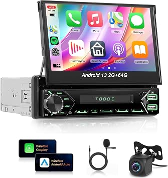 Android 13 2G 64G Single Din Car Stereo with Wireless Carplay Android Auto Manual 7 Inch Flip Out Touchscreen Car Radio 5.0 Bluetooth MirrorLink Backup Camera/USB/AUX Type-C/RDS/FM/WiFi/EQ
