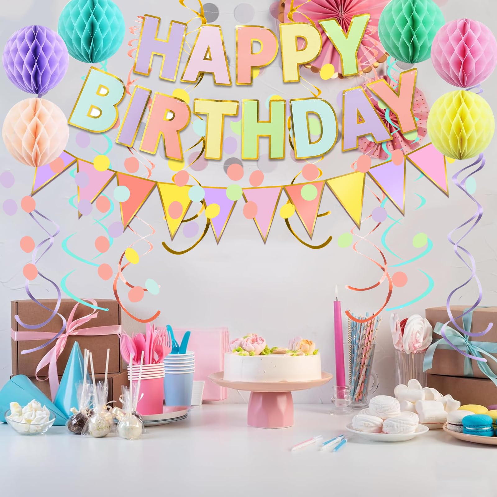 Fecedy Pancarta de feliz cumpleaños con banderines de papel coloridos, guirnalda de confeti, guirnalda de confeti, remolino, serpentinas, bola de panal para fiesta de cumpleaños