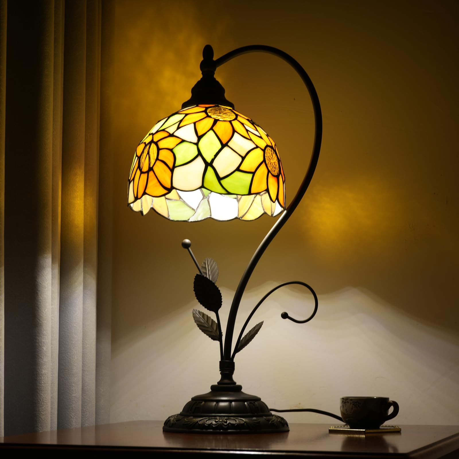 Tiffany Tischlampe Sonnenblume Gelb Glasmalerei Lampe Tiffany Stil S Blätter Vintage Schreibtisch Licht für Nachttisch Wohnzimmer Büro Schlafsaal Esszimmer
