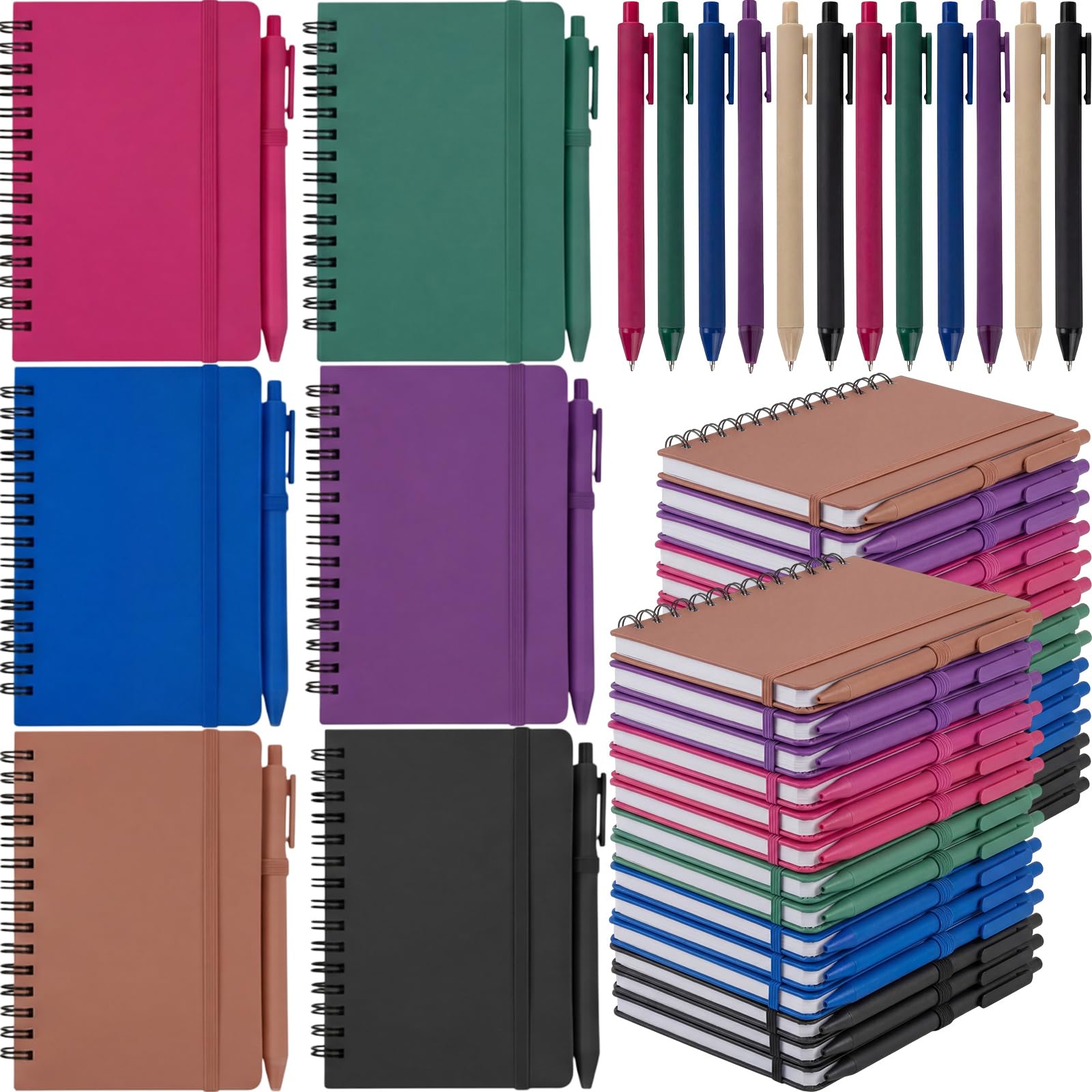 Fulmoon Lot de 30 petits carnets à spirale A6 avec stylos en vrac, multicolores, 10,2 x 15,2 cm, mini journaux lignés, 50 feuilles pour fournitures scolaires, récompenses, cadeaux de bureau (tons