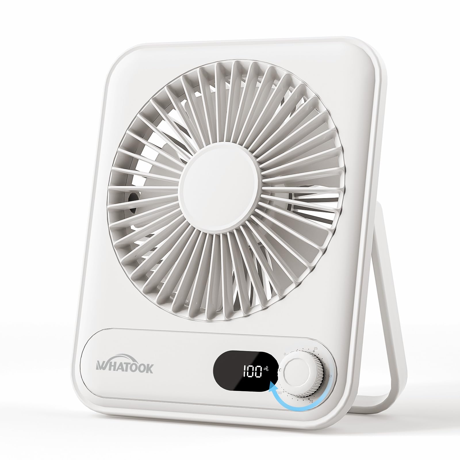 WHATOOK Mini Desk Fan USB: 2000mAh Rechargeable Ultra Quiet 1-100 Speeds Desktop Fans with LED Display, 3-10H Runtime
