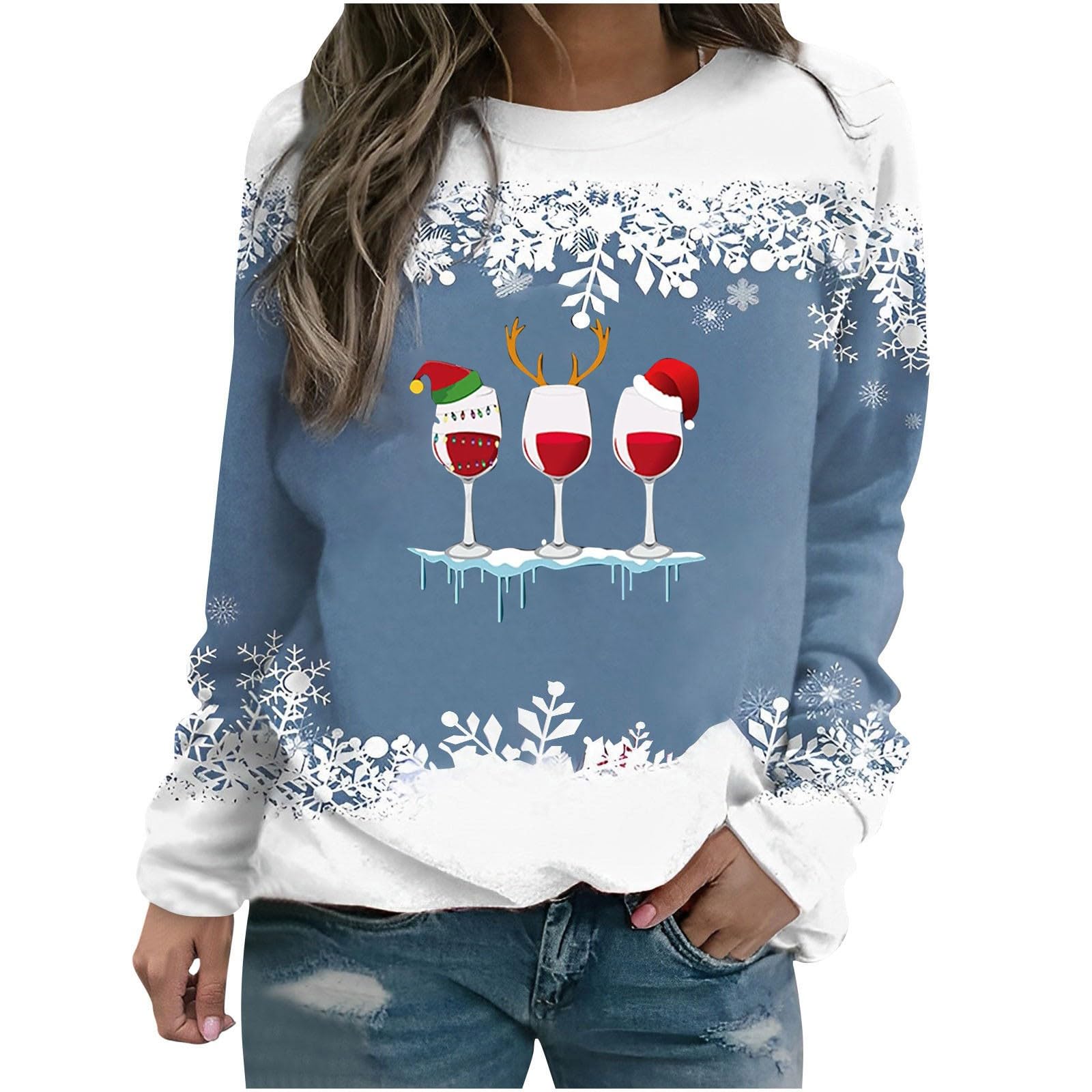 AMhomelyUgly Christmas Sweatshirt Shirts for Womens Novelty Letter Print Graphic Casual Blouse Tops Dressy Crewneck Long Sleeve Plaid Sweatshirt Tunic Blouse to Wear with Leggings