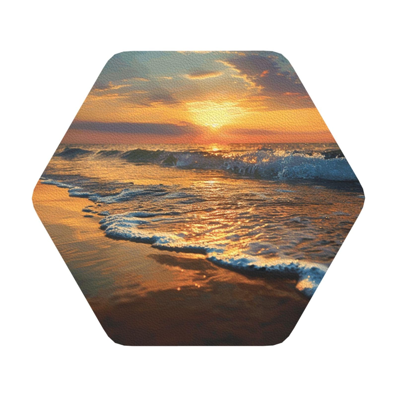 Beach Wave Sunset Print Leather Coaster Set of 6, Hexagon Coasters Table Decorative Coffee Cup Beverage Coasters Wine Beer Bar Coasters for Hot Drinks Table Protection