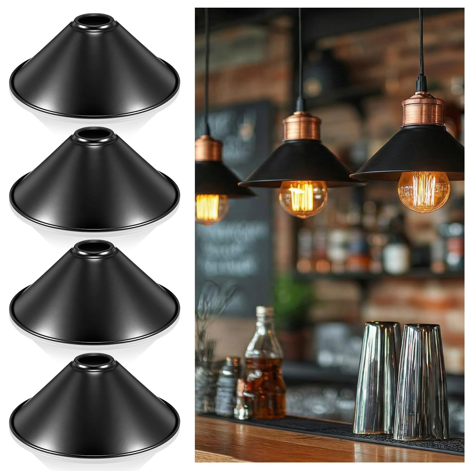 Retisee 4 Pcs Industrial Iron Lamp Shade, Industrial Vintage Metal Bulb Guard Pendant Light Covers Replacement Lampshade for Pendant Light (Black,Dome)