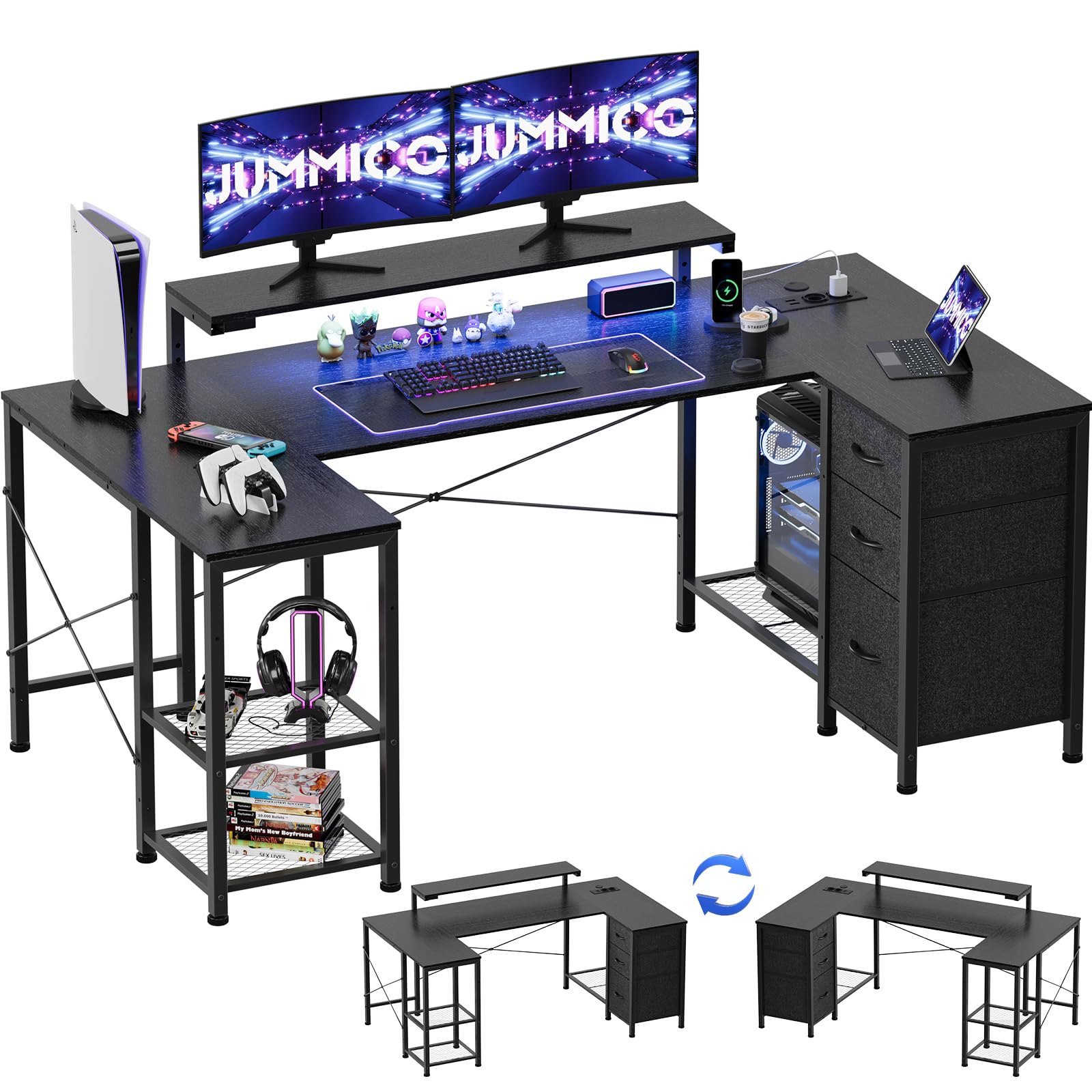 JUMMICO Scrivania da Gaming Angolare a Forma L, 170x90cm con Illuminazione LED, Supporto Monitor Regolabile in Altezza, 3 Cassetti, 2 Prese e 2 Porte USB, Scrivania in Acciaio e Legno, Nero