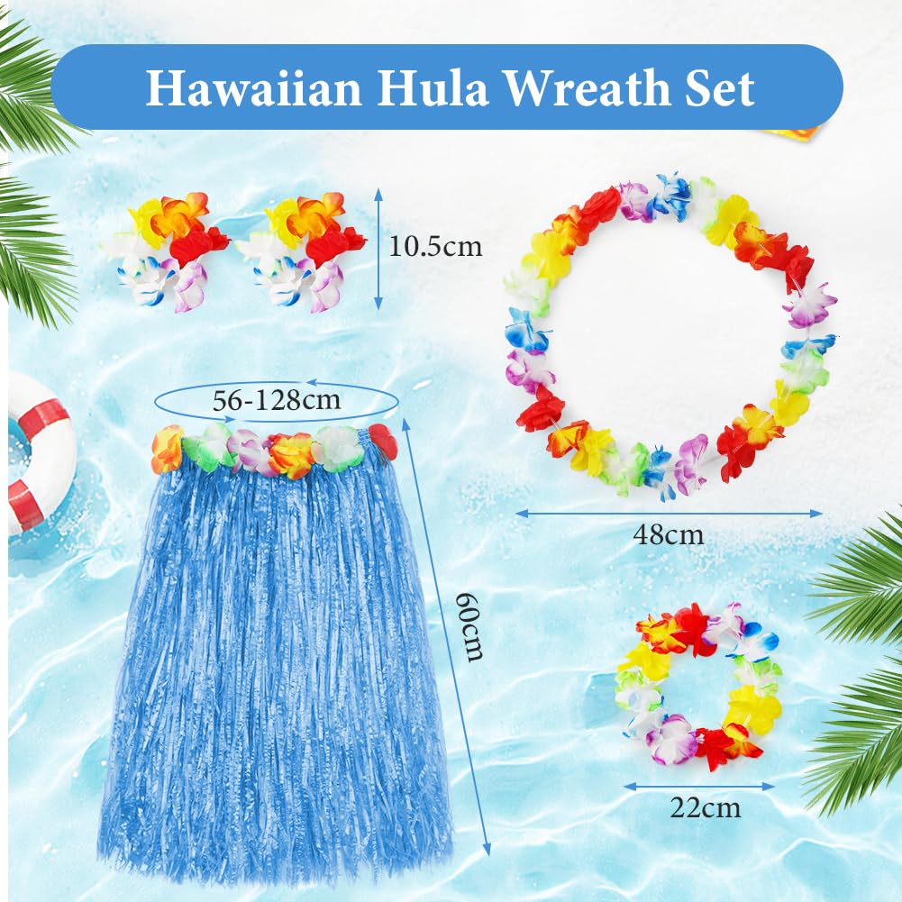 Aomig Hawaiian Grass Skirt Set, 5PC Hawaiian Garlands, Tropical Fancy Dress Hawaiian Headband Necklace Wristband Flower - Image 2