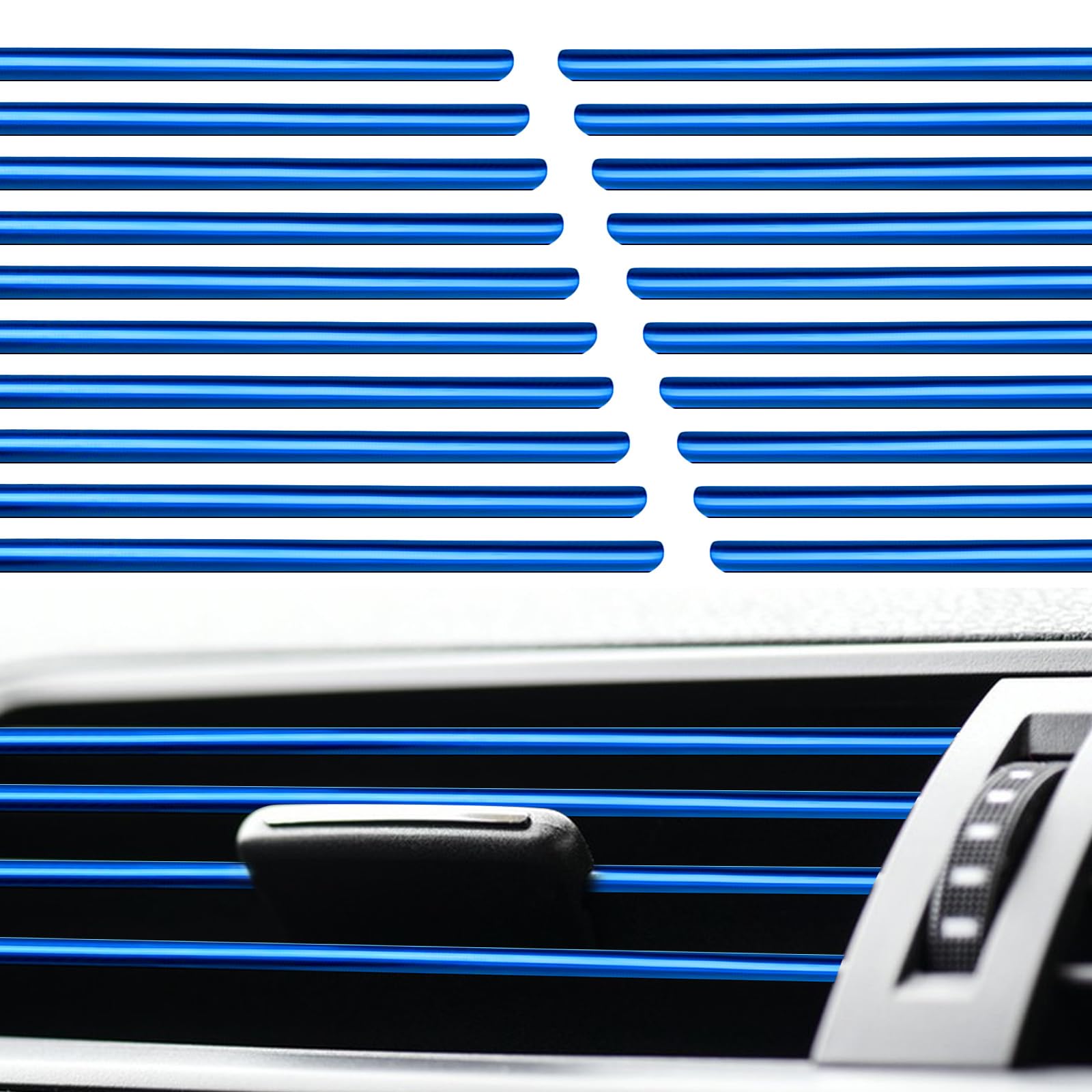 20Pcs Blue Car Vent Outlet Trim,Chrome PVC Car Air Conditioner Vent Outlet Trim Decoration Strips Interior Moulding Universal Air Conditioner Outlet Trims Vehicle Decorate Accessories