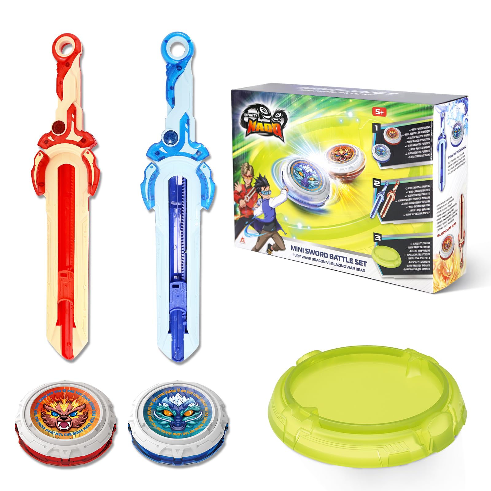 INFINITY NADO Toupies Battle Arena Set, toupie Enfants 2PCS, toupie Jouets avec Mini Lanceur d'épée, battling Tops pour Enfants garçons et Filles 5 6 7 8 9 10 11 12 Ans et Plus