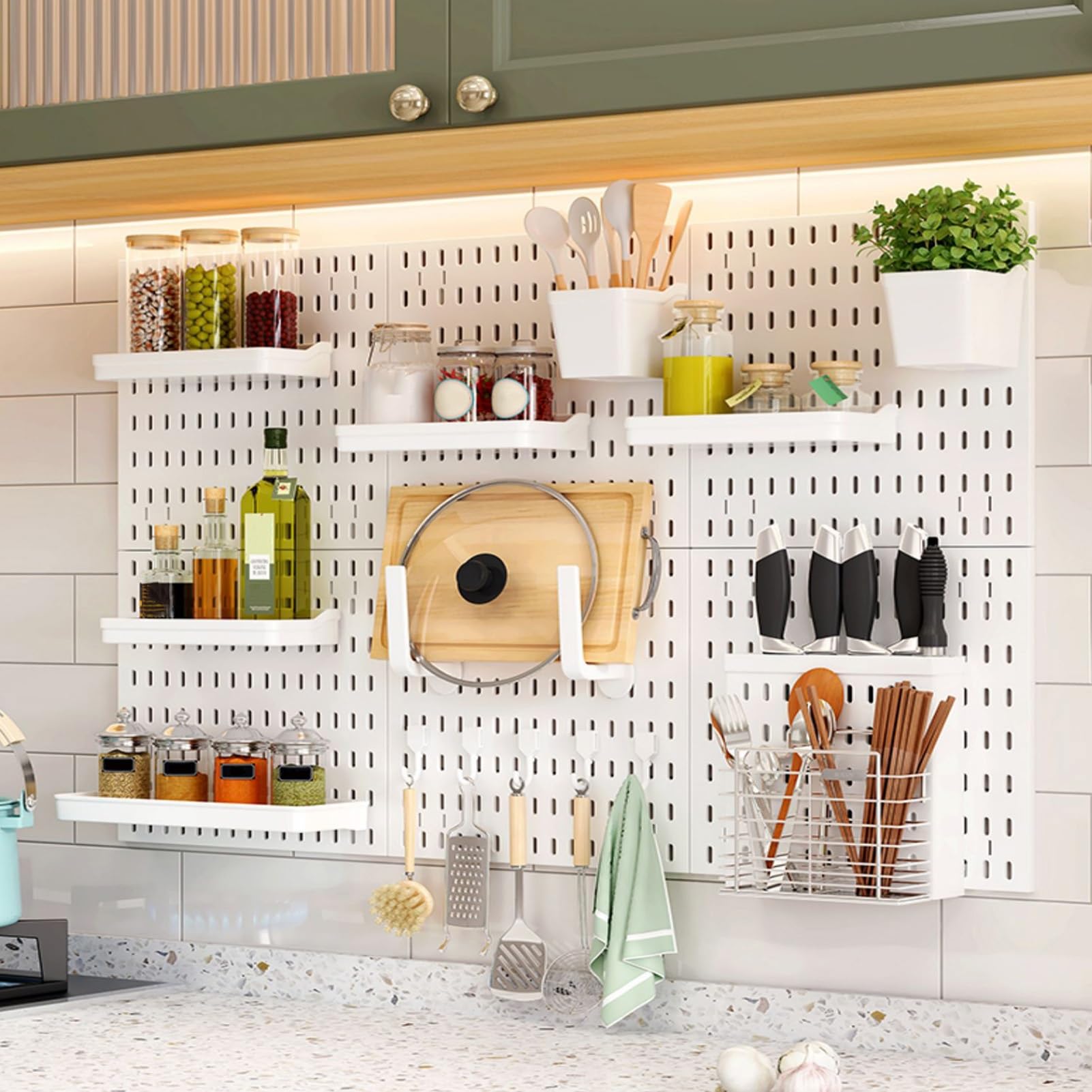 Plastikowy organizer narzędziowy Pegboard, zestaw kombinowany Pegboard, panele Pegboard bez otworów, wielofunkcyjny stojak ścienny Pegboard do sypialni i kuchni Pegboard (12x12 cali-B)
