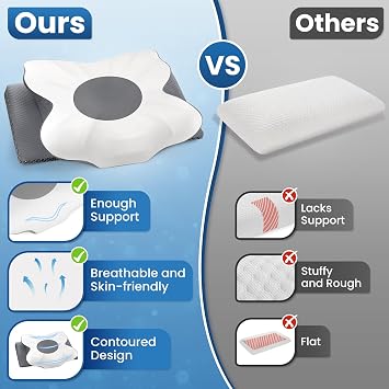 Cervical Neck Pillow for Sleeping Memory Foam Bed Pillow for Neck Support, Orthopedic Contour for Side & Back Sleepers, Breathable & Cooling Cover, CertiPUR-US Certified, Grey, Queen Size