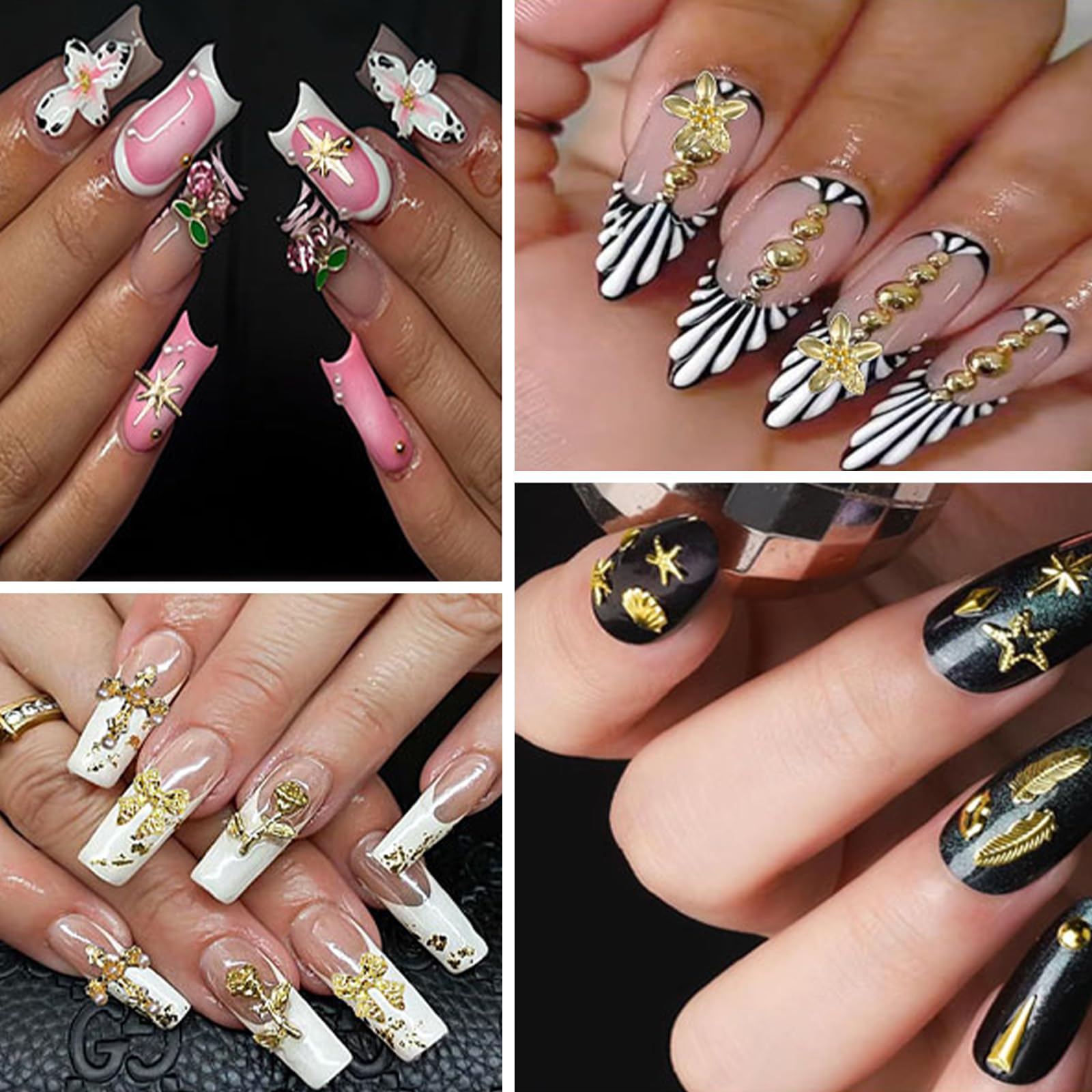 Goldene Nail Art Strassstein, różowa dekoracja do paznokci z wisiorkiem, 4 pudełka z kamieniami do paznokci, koraliki do paznokci 3D, motyle, wiśnie, wisiorki do paznokci