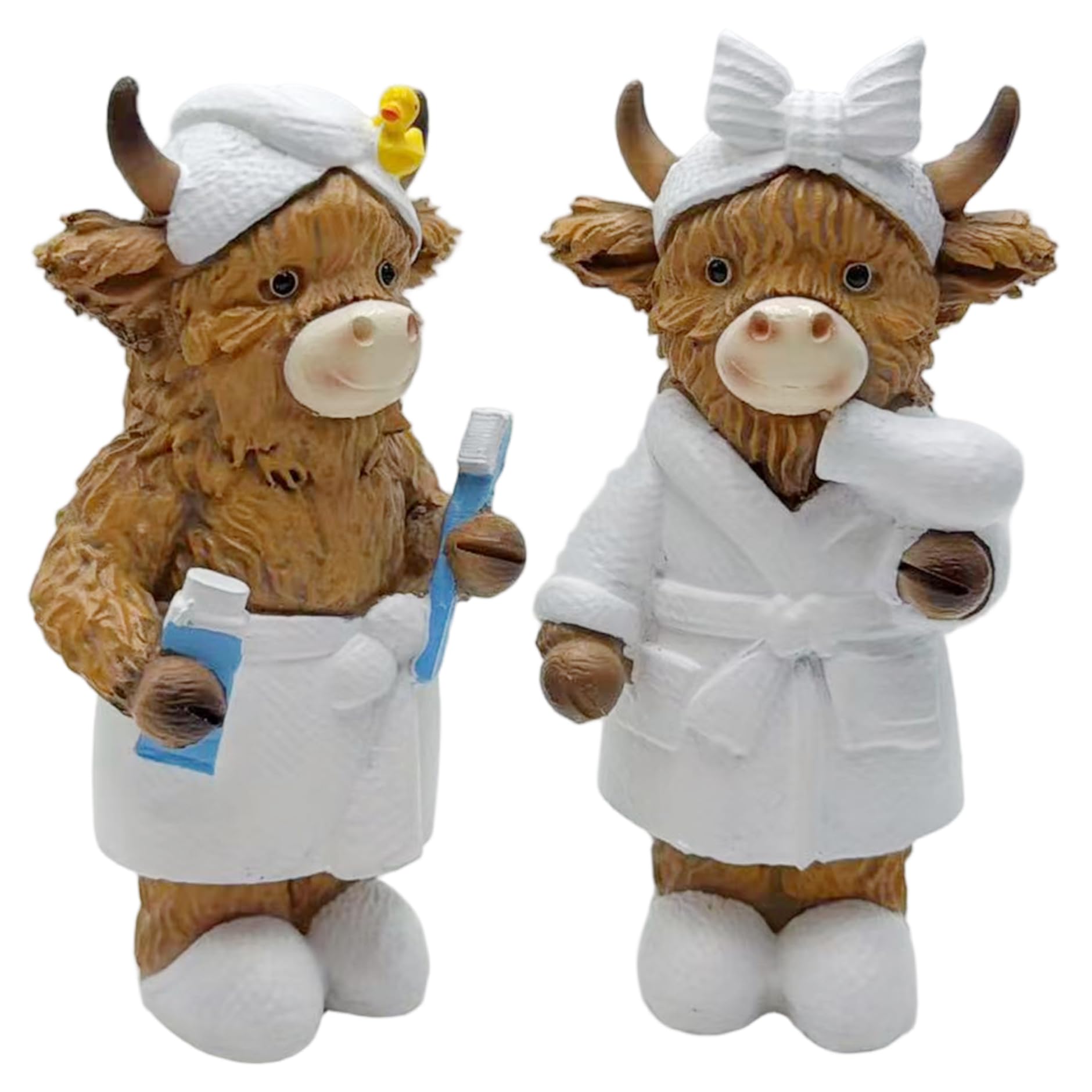 Lcarege Highland Cow Figurine, Adorable Bathroom Decorations With Bathrobes, Cute Resin Scottish Statue For Countertop, Unique Lovers, Home Decor