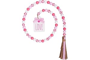 Valentine's Day Wood Bead Garland with Tassel Tags: Hearts, Love Signs, Ruffled Bows, Farmhouse Decor