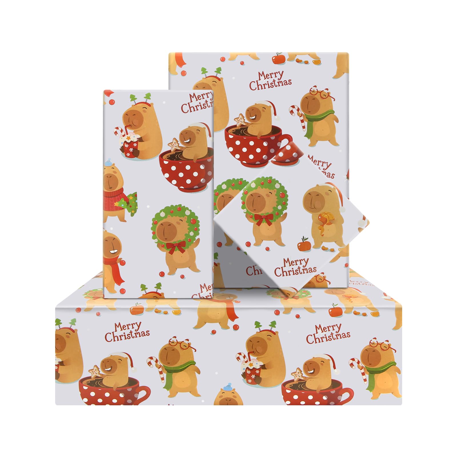 Geluode Capybara Christmas Wrapping Paper, 4 Sheets Folded Flat 50x70cm Per Sheet, Glossy Art Paper, Perfect for Kids, Boys, Girls, Birthdays, Christmas, Parties