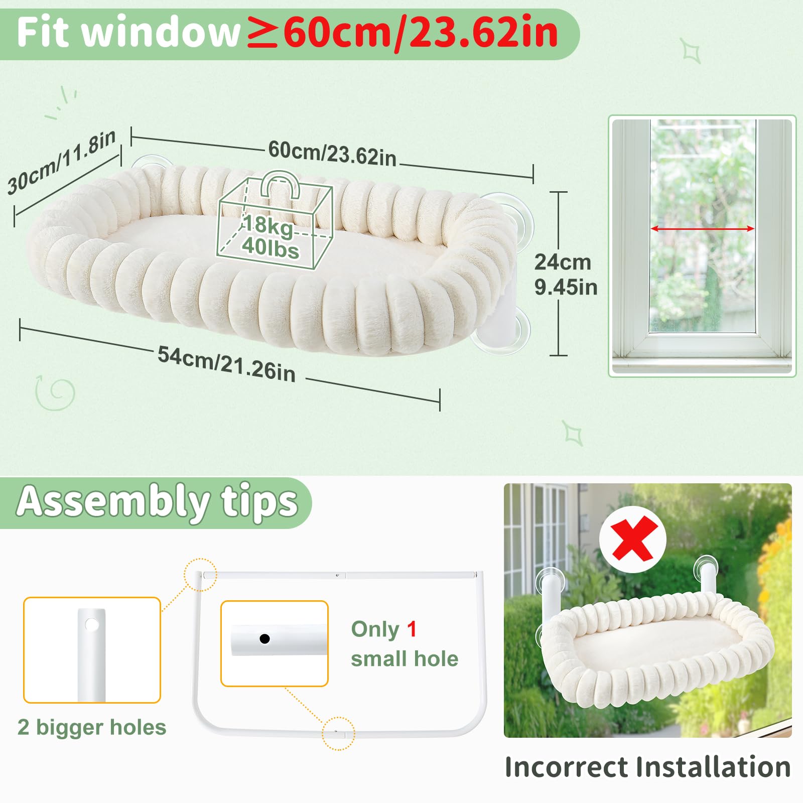 Sunhoo Cama plegable para ventana de gato, hamaca para alféizar de la ventana, asiento grande con ventosa para interiores, con cojín de felpa suave, lavable a máquina, 21.25 x 11.8 pulgadas (blanco, M