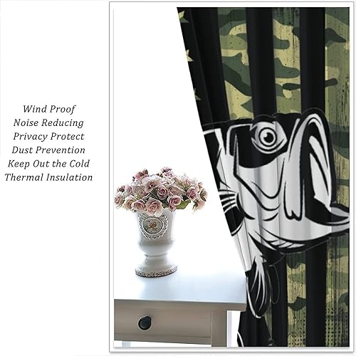 Miniatura 5 de Cortinas de pesca con estampado de bandera de camuflaje verde, estampado de peces y lubina, cortina opaca para dormitorio, sala de estar, 2 grupos