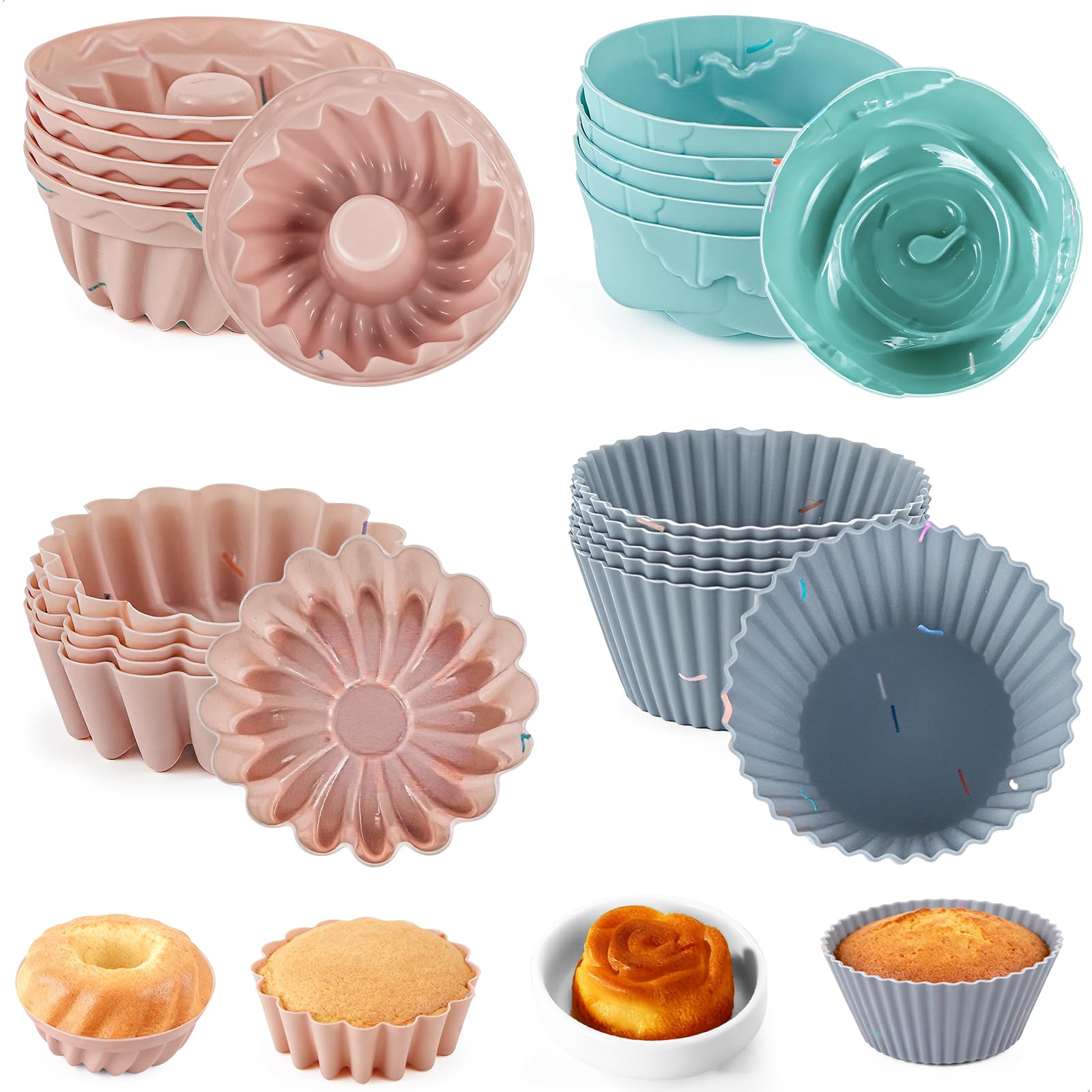 Stampi in Silicone, 24 Pezzi Riutilizzabili Stampo Muffin, Antiaderenti Pirottini per Friggitrice Ad Aria, 4 Forme Stampo Ciambella per Torte, Creme e Budini (Sicuri in forno fino a 220 °C)