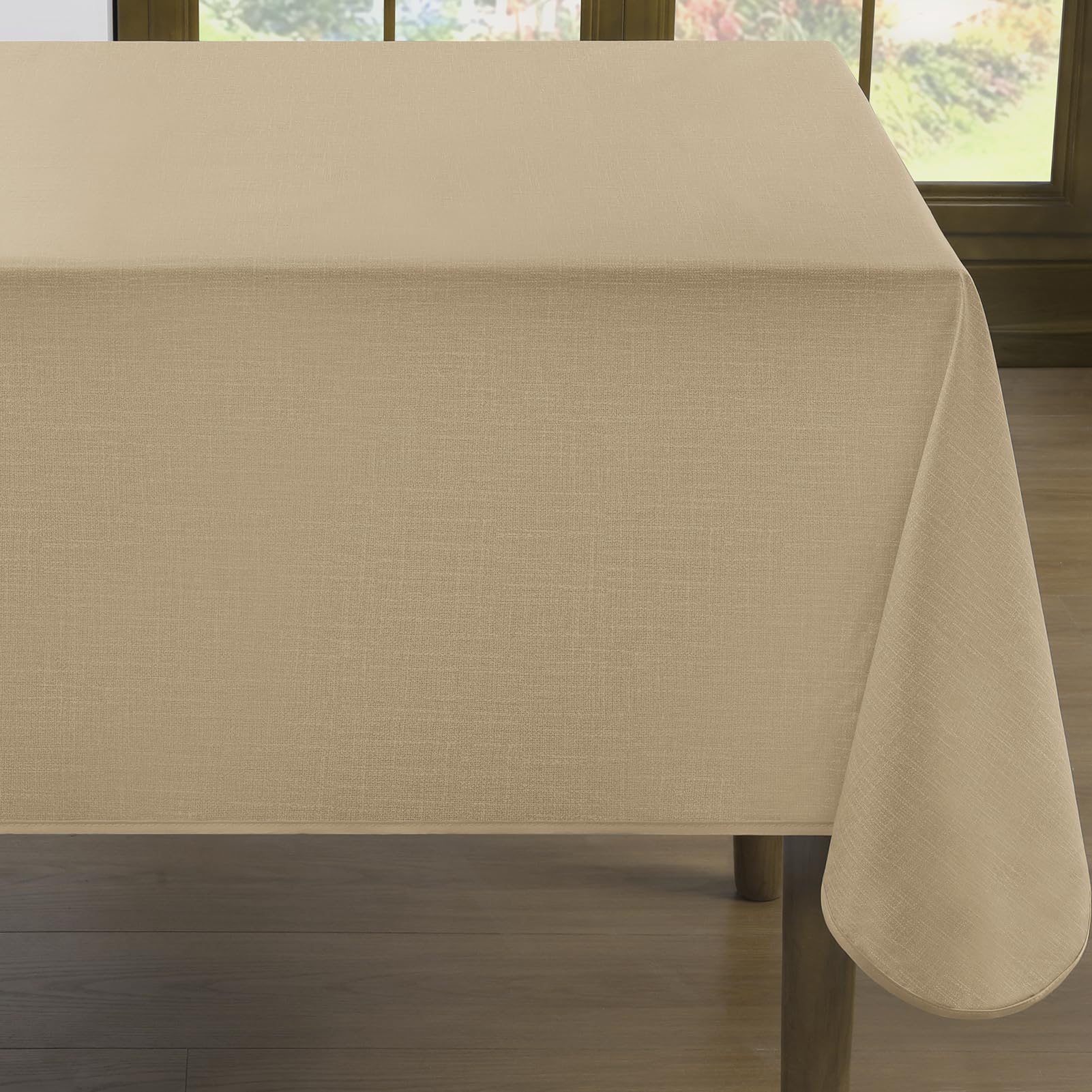 Romanstile Wipeable & Waterproof Table Cloth Outdoor Rectangular Vinyl 140x200 cm,Heavy Duty,Oilcloth PVC Table Cover,Reinforced Edge for Garden Dining,Summer,Wedding,Camping,Patio,Natural linen