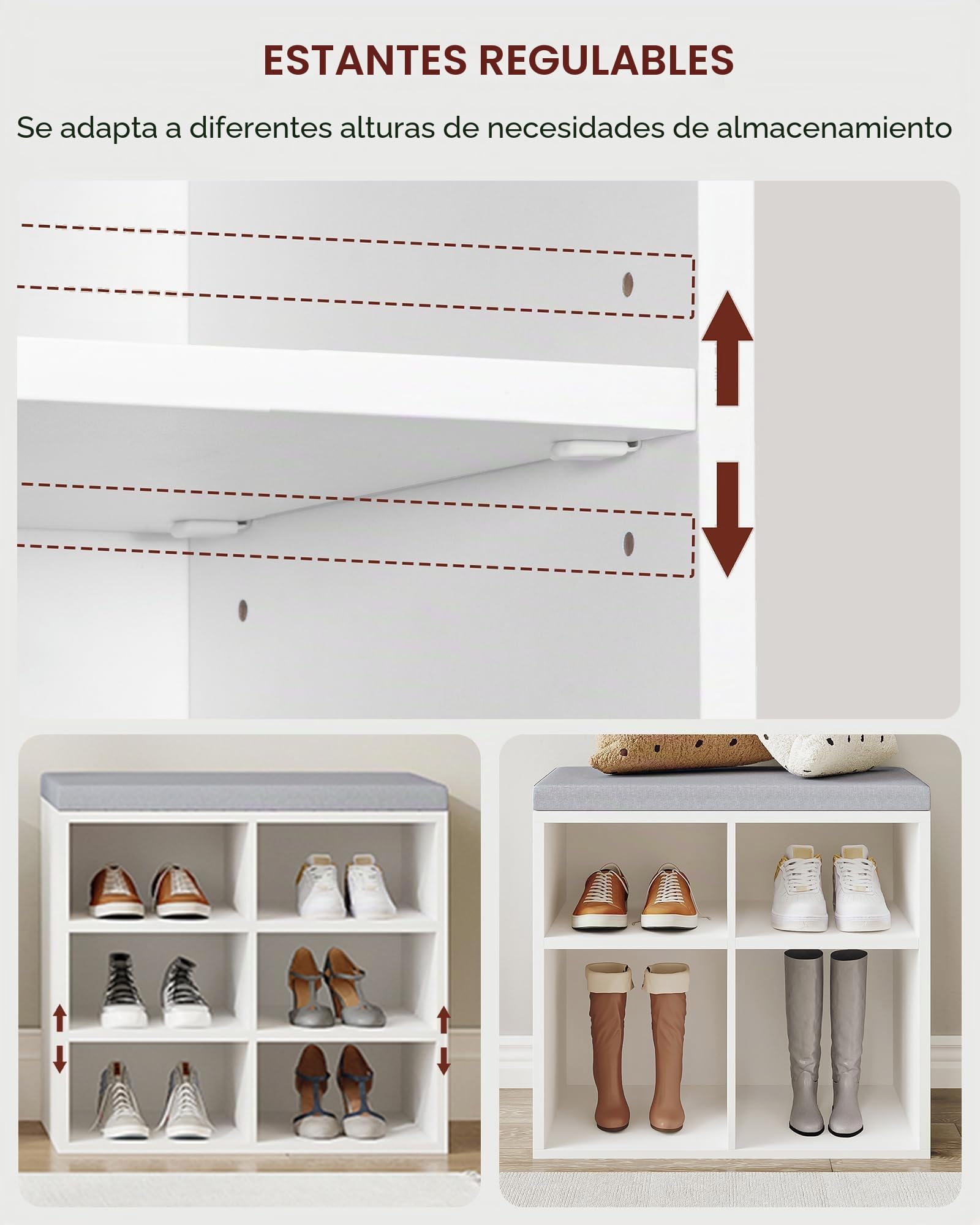 Hzuaneri Banco para Zapatos, Repisa para Zapatos, Armario de Almacenamiento, 6 Compartimentos, con Cojín, para Entrada, 30 x 60 x 52,7 cm, Blanco SB09903X