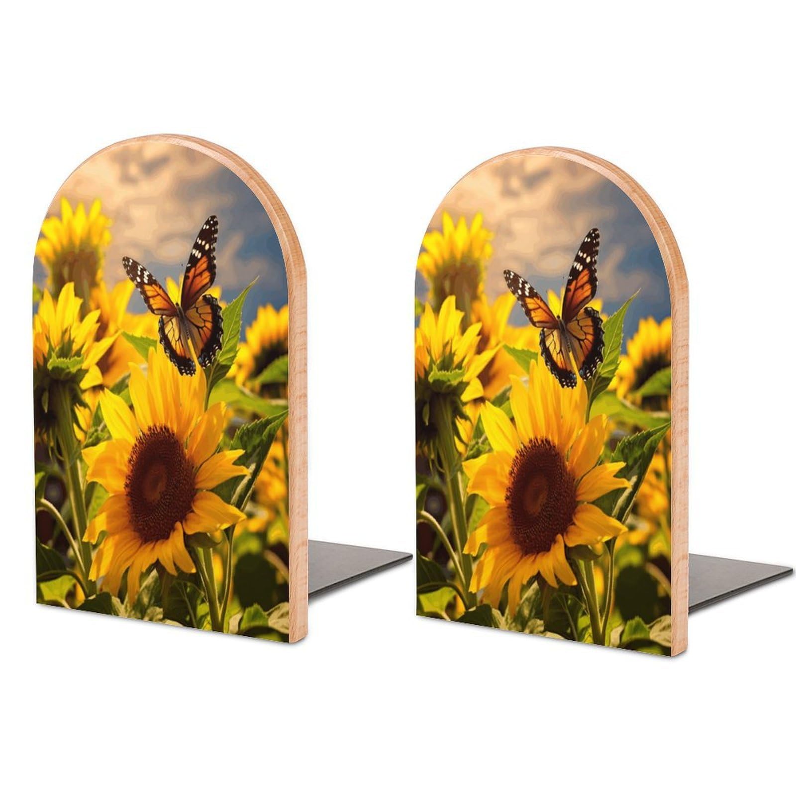 Sunflower Butterfly Bookends Modern Bookends for Shelves Fashion Heavy Duty Book Stopper Sturdy Non-Skid Metal Base Wood Book Ends for Library Home Office 1 Pair
