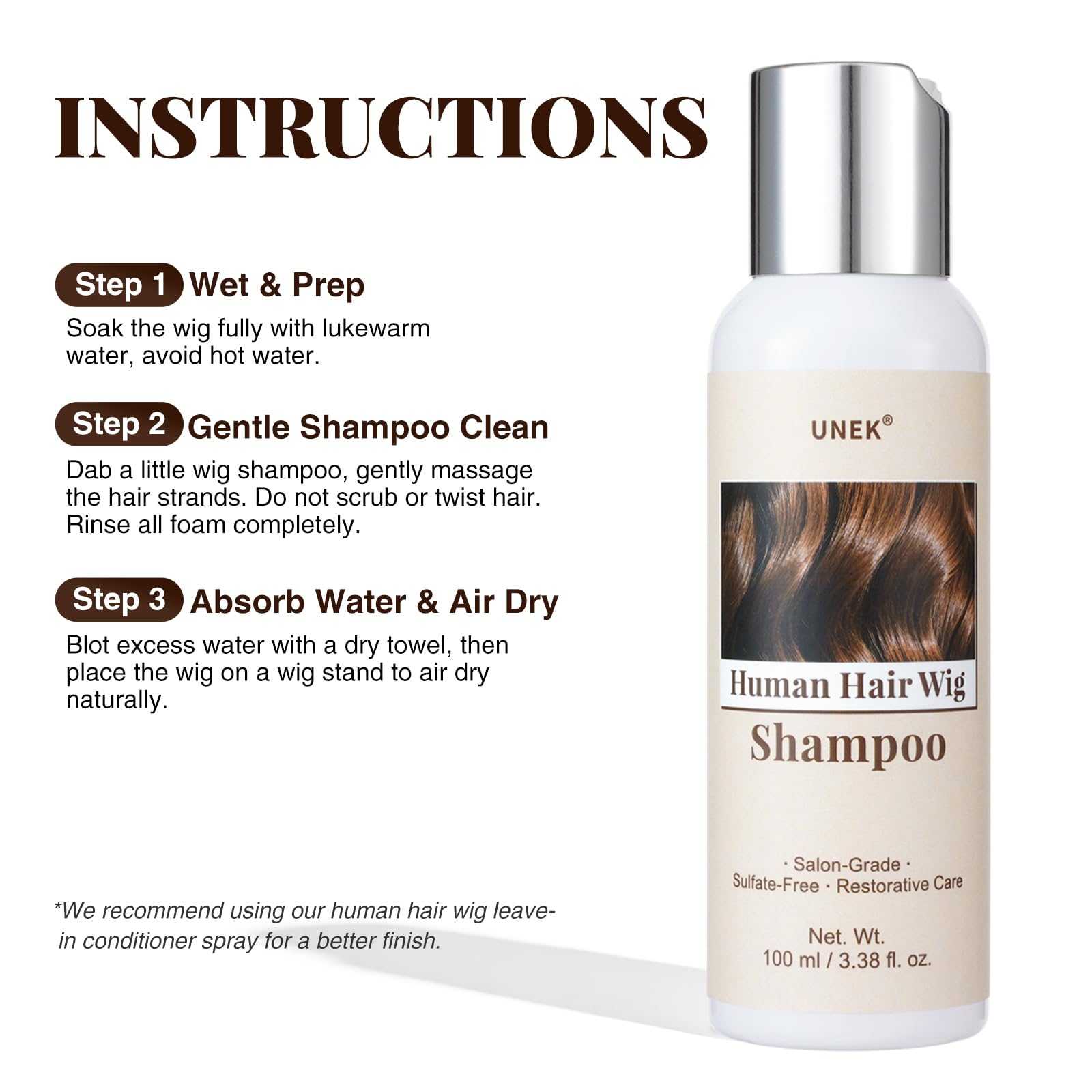 UNEK Champú para extensiones y pelucas de cabello natural: limpia, desenreda y suaviza, aporta brillo y volumen con sensación refrescante, para pelucas, extensiones, uniones y tupés, 100 ml