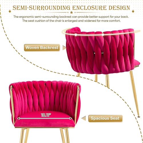 Miniatura 5 de Juego de 2 sillas de comedor tapizadas de terciopelo, sillas modernas para sala de estar con respaldo tejido y patas de metal dorado, silla auxiliar