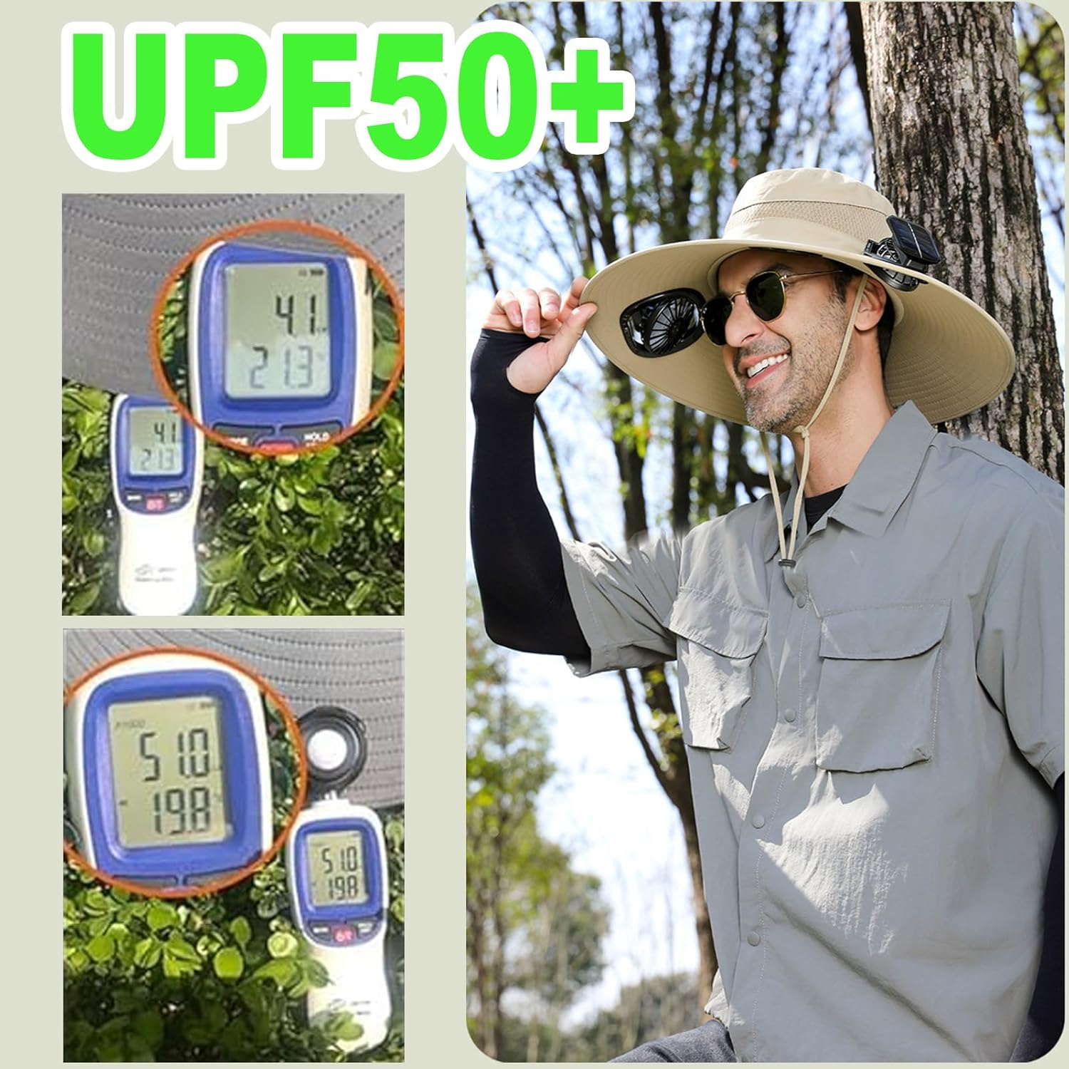 Fishing Hats with Sunglasses, Wide Brim Sun Hat with 2 Solar Fan, USB & Solar Powered Fishing Hats, Solar Fan Hats UPF 50+