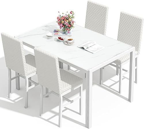 Lamerge Juego de mesa de comedor de 5 piezas, mesa de cocina de cristal con 4 sillas de piel sintética, juego de 4 sillas de mesa de comedor, para