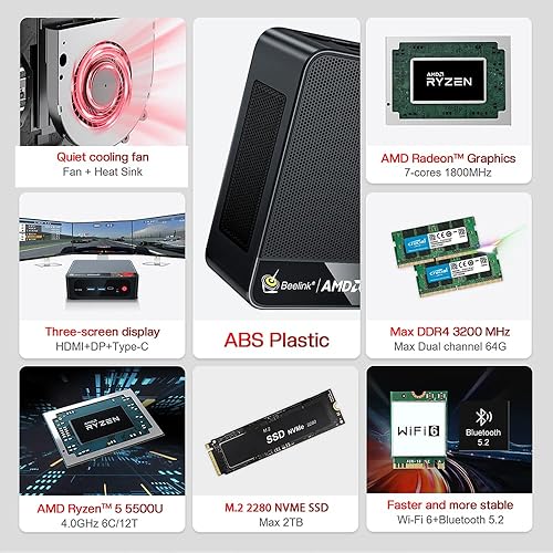 Miniatura 3 de Beelink SER5 Mini PC W-11 Pro Ryzen 5 5560U 8GB DDR4 500GB NVMe M.2 SSD Triple pantalla 4K 60Hz Salida, Wi-Fi 6, RJ45, Bluetooth 5.2 Gaming Office