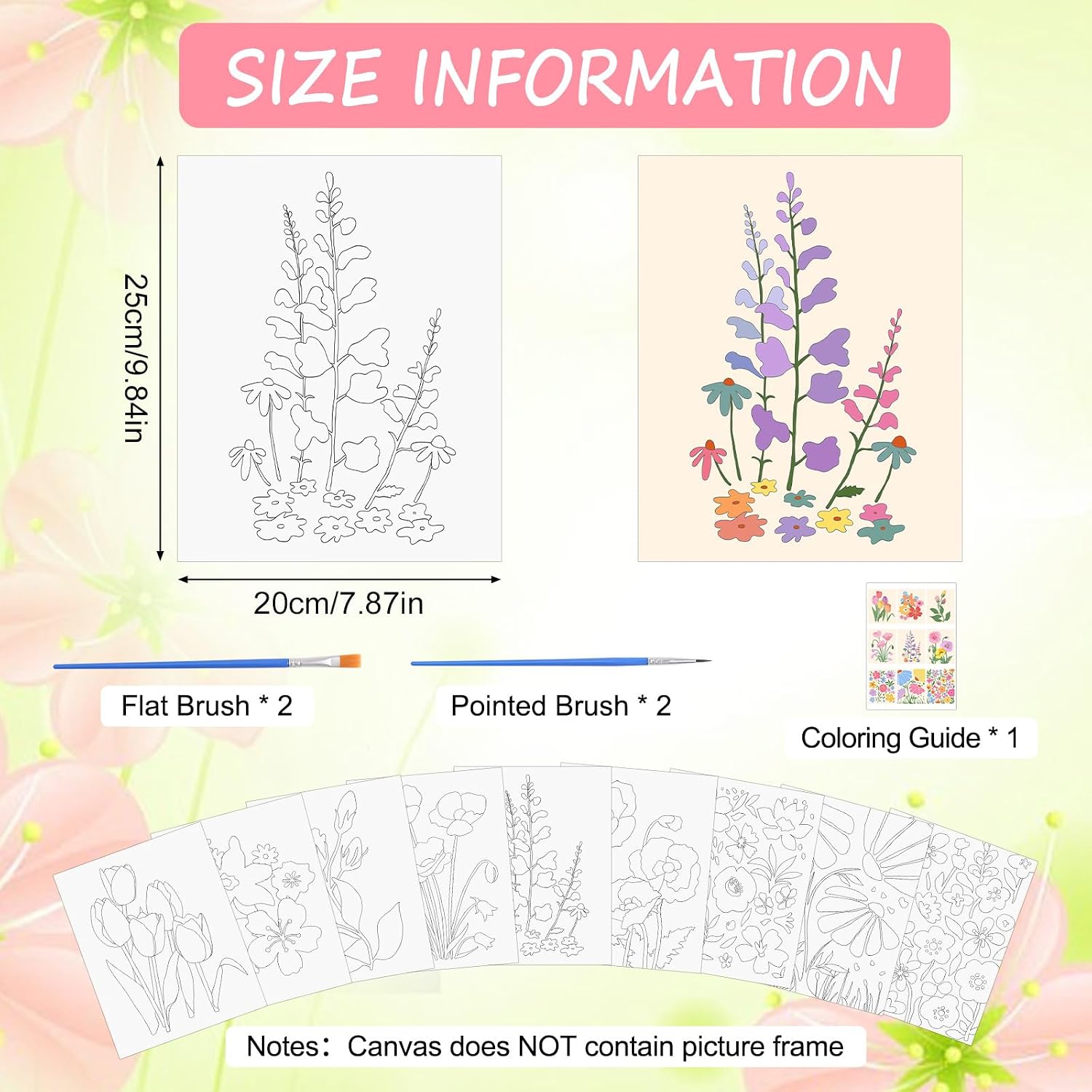 HICOHAND Pre Printed Canvases, 9 PCS Colorful Floral Tulip Pre Drawn Painting Canvas Set with Brushes for Adults Party Student Party Home Decor DIY Gift Supplies, 7.87 x 9.84 in image 2