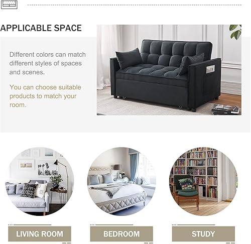 Miniatura 8 de Sofá cama, sofá cama extraíble de terciopelo 3 en 1 con reposabrazos, bolsillos de almacenamiento y 2 almohadas, respaldo ajustable, sofá cama