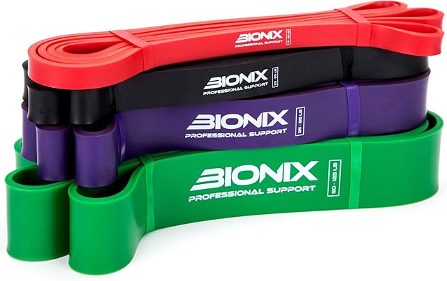 Bionix Pull Up Assistance Bands Set - Thick Heavy & Long Exercise Resistance Training Loop Band Chin Up Assist Stretching Yoga Pilates Legs Glutes Workout - Mobility & Strength For Men Women (4)