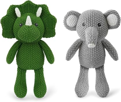 Crochet Stuffed Animals for Kids 2-Pack - Elephants & Triceratops, 10-12" Soft Cute Plush Toys, Hand-Knitting Cotton Thread Plush Animals, Ideal Birthday for Boys Girls Kids & Adults