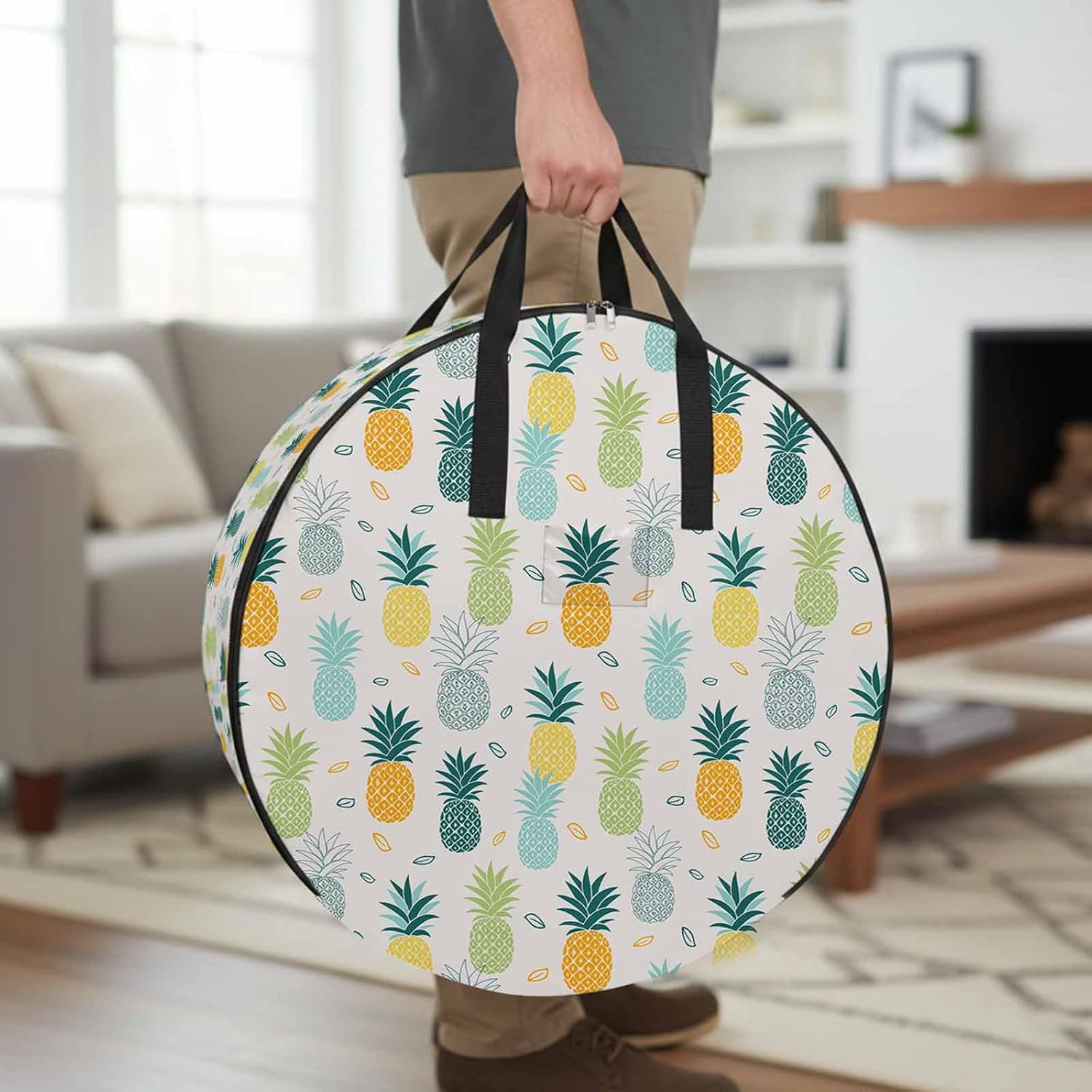 Storage Bag Pineapple Round Storage Totes Bins Closet Organizers with Zippers & Handle Summer Tropical Fruit Clothes Storage Container for Bedroom Dorm Space Saving Packing Supplies Moving Bags