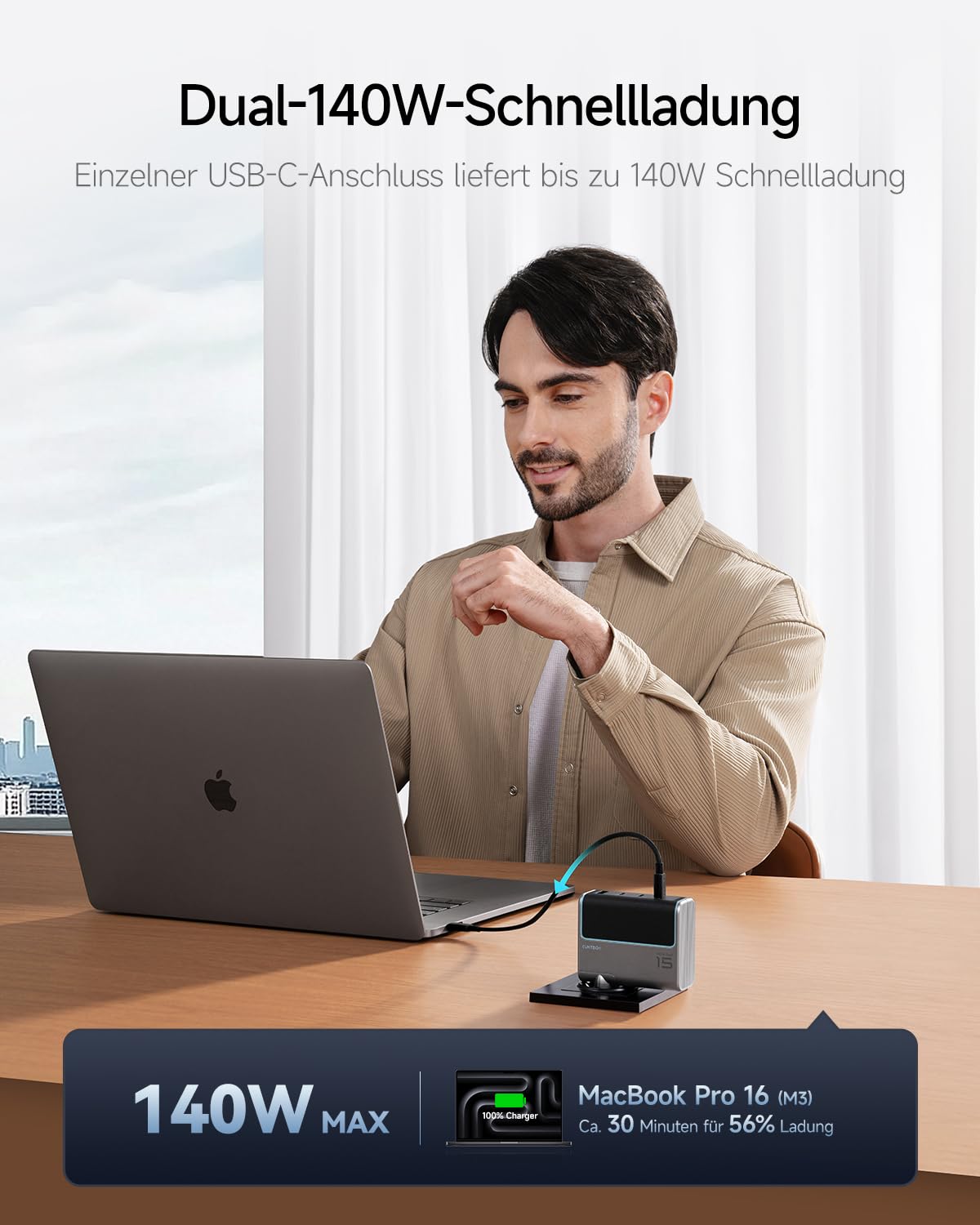 140W USB C Ladegerät, CUKTECH Gan Schnellladegerät mit USB C Kabel, 4-Port PD Fast Charger Netzteil für Laptop, MacBook Air, iPad Air, Galaxy S24/S20, iPhone 16/Pro/Max, Steam Deck, Google usw