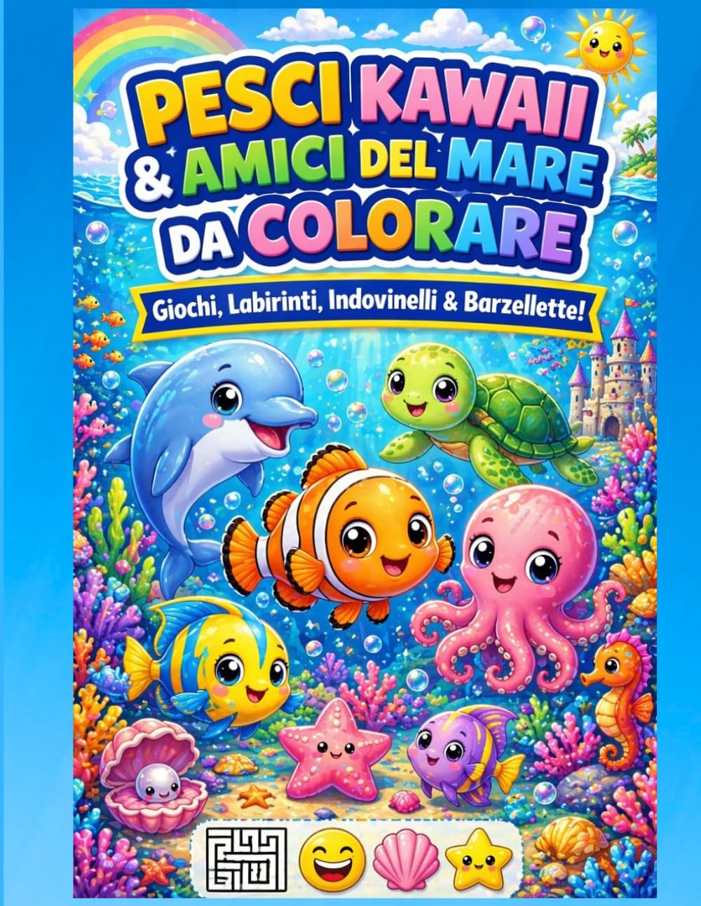 Pesci Kawaii & Amici del mare da colorare: Giochi, Labirinti, Indovinelli e Barzellette! (Disegni da colorare per bambini)