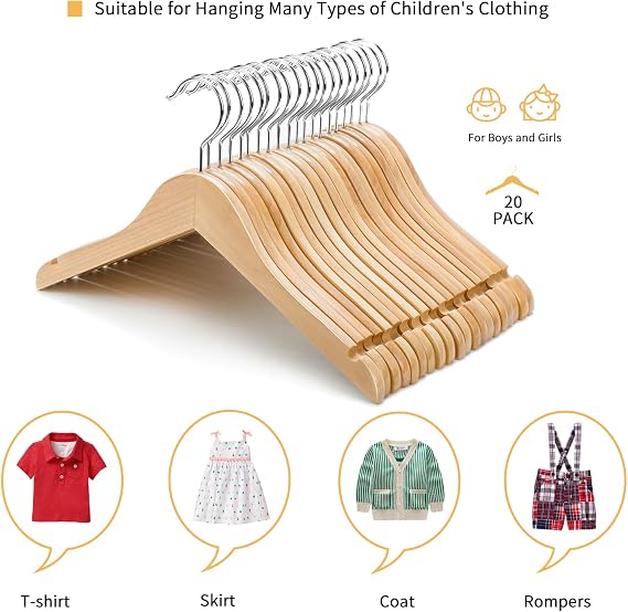 Nature Smile Gençler Preteen Büyük Çocuklar Ahşap Elbise Askıları 30 cm Ahşap Elbise Gömlek Ceket Askıları Anti-Pas Kancalı (20'li Paket Doğal)