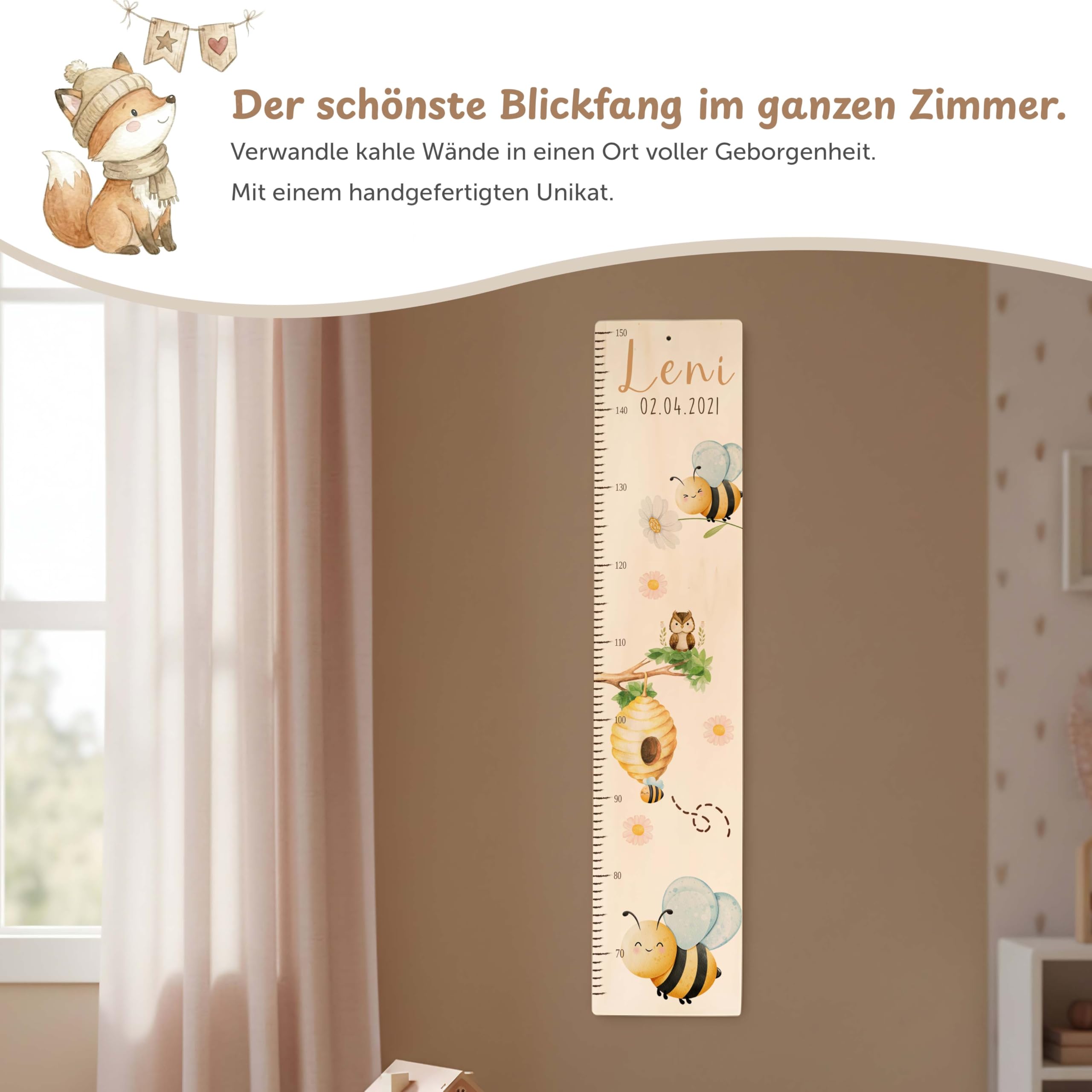 Kidsmood - Personalisierte Messlatte Kinder aus Holz – Hochwertige Messleiste & Wand-Deko für Baby- & Kinderzimmer mit zauberhaftem Biene – Tolles Taufgeschenk für Mädchen & Jungen - Skala 65-140cm